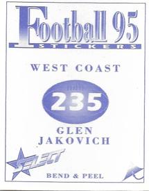 1995 Select AFL Stickers #235 Glen Jakovich Back